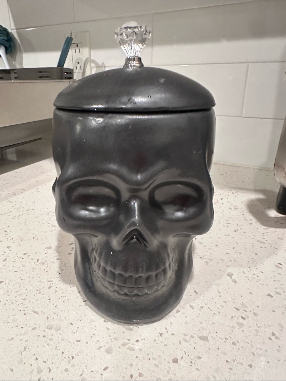 Black Skull Cookie Jar with Crystal Knob Lid